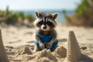 The Playful Raccoon's Sandy Creations: Building Beach Memories AI generated