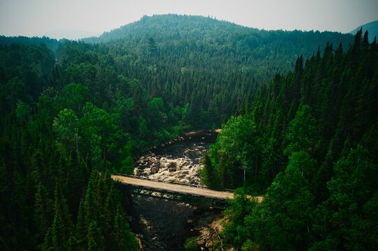 Small bridge over the Malbaie River surrounded by greenery in Quebec, Canada
