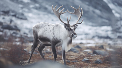 A Svalbard male reindeer with big antlers walking in winter tundra. Generative Ai