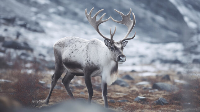 A Svalbard male reindeer with big antlers walking in winter tundra. Generative Ai © tong2530