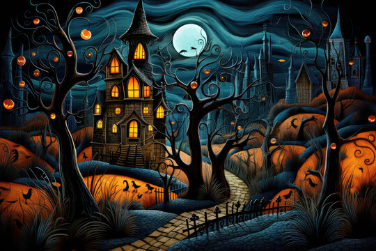 Halloween background with house, pumpkins and moon, generative ai
