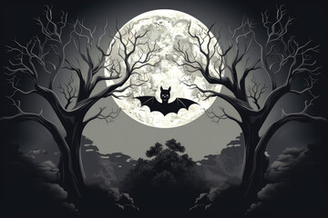 Fototapeta premium Halloween with bat and moon and a bare tree silhouette background, black halloween party greeting, Generative AI