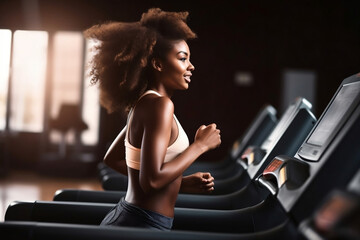 Fototapeta na wymiar black woman running on treadmill in gym