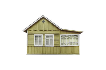 Old small yellow wooden village house built of planks isolated on white.