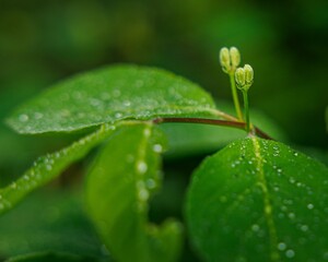 Selective focus shot of tiny green buds growing from a branch with leaves