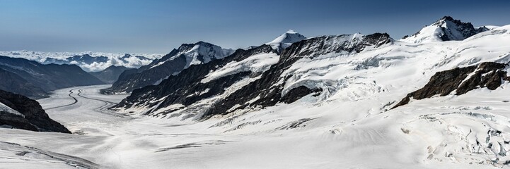 Scenic view of Glacier Aletsch and its surrounding mountain range, the Jungfrau Joch in Switzerland
