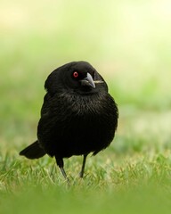 Bronzed Cowbird is perched atop a patch of lush green grass, looking off in the distance
