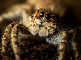 Macro shot of a jumping spider perched on the ground, looking around with its eight eyes