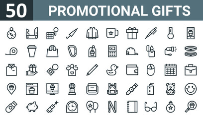 set of 50 outline web promotional gifts icons such as compass, jackknife, , umbrella, jacket, mug, gift vector thin icons for report, presentation, diagram, web design, mobile app.
