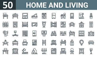 Fototapeta na wymiar set of 50 outline web home and living icons such as desk, table, window, bathtub, washing hine, fridge, nightstand vector thin icons for report, presentation, diagram, web design, mobile app.