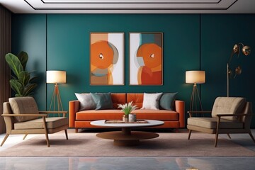 Interior of modern living room with green walls, concrete floor, comfortable orange sofa and brown armchairs. Generative AI.