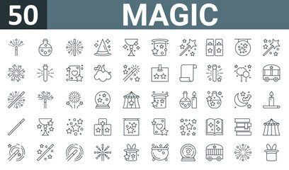 Fototapeta na wymiar set of 50 outline web magic icons such as magic wand, potion, magic wand, witch hat, potion, hat, wand vector thin icons for report, presentation, diagram, web design, mobile app.