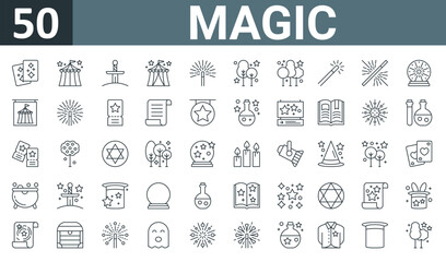 set of 50 outline web magic icons such as cards, tent, excalibur, tent, magic wand, forest, forest vector thin icons for report, presentation, diagram, web design, mobile app.