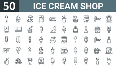 set of 50 outline web ice cream shop icons such as scoop, frozen yogurt, stand, ice cream hine, crepe maker, syrup, ice cream vector thin icons for report, presentation, diagram, web design, mobile