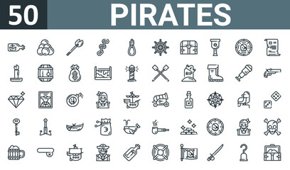 set of 50 outline web pirates icons such as ship in a bottle, cannon, match, chain, rope, ship wheel, chest vector thin icons for report, presentation, diagram, web design, mobile app.