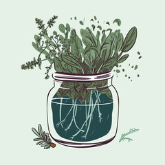 Vector of a glass jar filled with green liquid and vegetables