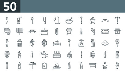set of 50 outline web icons such as marshmallow, salt, match, cleaver, glove, salad, spatula vector thin icons for report, presentation, diagram, web design, mobile app.