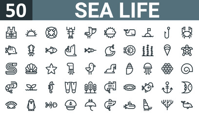 set of 50 outline web sea life icons such as life jacket, sea urchin, lifesaver, lobster, pelican, puffer fish, whale vector thin icons for report, presentation, diagram, web design, mobile app. © MacroOne