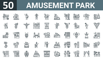 set of 50 outline web amusement park icons such as cotton candy, teacup, stuffed animal, clown, balloon, bumper car, game vector thin icons for report, presentation, diagram, web design, mobile app.
