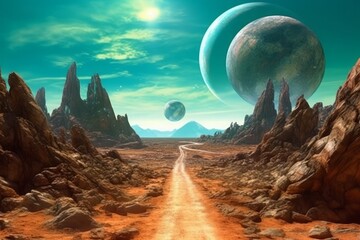 Fantasy alien planet. Mountain and road. Generative AI.