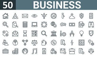 Fototapeta na wymiar set of 50 outline web business icons such as house, group, email, eye, worker, bar chart, tie vector thin icons for report, presentation, diagram, web design, mobile app.