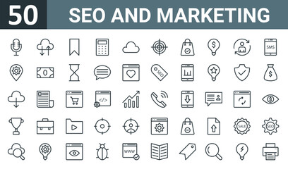 set of 50 outline web seo and marketing icons such as microphone, cloud computing, badge, calculating, cloud computing, aim, bag vector thin icons for report, presentation, diagram, web design,