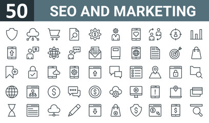 Fototapeta na wymiar set of 50 outline web seo and marketing icons such as defense, cloud computing, commerce, archive, bank, business and finance, app vector thin icons for report, presentation, diagram, web design,