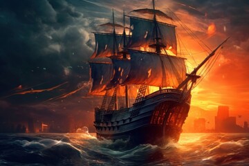 Sailing ship in the sea at sunset. 3D illustration. Generative AI.