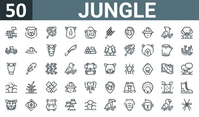 Fototapeta na wymiar set of 50 outline web jungle icons such as snake, lion, leaf, rhinoceros, gorilla, leaves, pin vector thin icons for report, presentation, diagram, web design, mobile app.