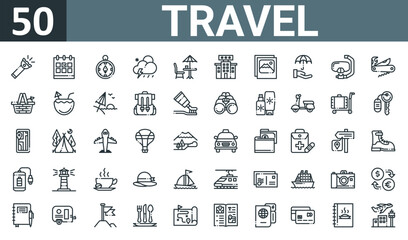 set of 50 outline web travel icons such as flashlight, calendar, compass, weather, restaurant, hotel, photo vector thin icons for report, presentation, diagram, web design, mobile app.