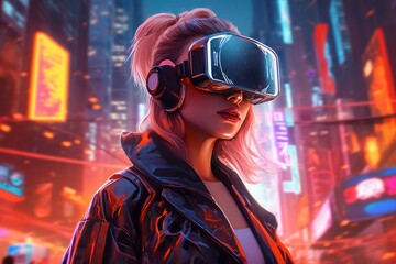 3D rendering of a futuristic woman wearing virtual reality goggles in a futuristic city. Generative AI.