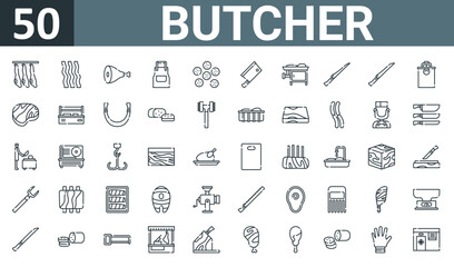 Fototapeta na wymiar set of 50 outline web butcher icons such as lamb, bacon strips, meat, apron, pepperoni, cleaver, meat grinder vector thin icons for report, presentation, diagram, web design, mobile app.
