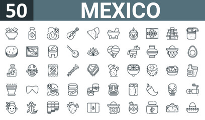 Fototapeta na wymiar set of 50 outline web mexico icons such as guacamole, chili, mexican, guitar, nachos, molcajete, candle vector thin icons for report, presentation, diagram, web design, mobile app.