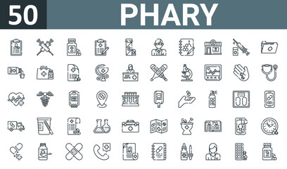 set of 50 outline web phary icons such as records, syringe, pill, clipboard, vitamin c, pharist, formula vector thin icons for report, presentation, diagram, web design, mobile app.