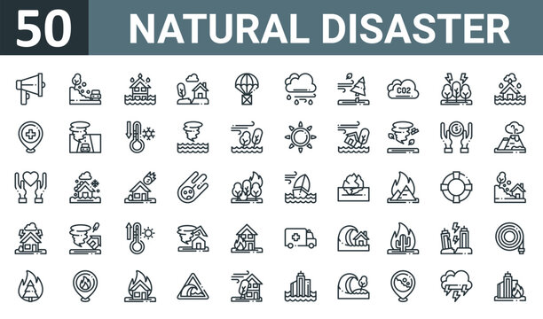 Set Of 50 Outline Web Natural Disaster Icons Such As Announcement, Car, Ecology And Environment, Buildings, Boxes, Cloud, Bad Weather Vector Thin Icons For Report, Presentation, Diagram, Web Design,