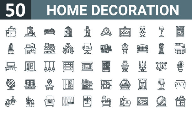 set of 50 outline web home decoration icons such as sink, calendar, coffee table, bird cage, lantern, table clock, painting vector thin icons for report, presentation, diagram, web design, mobile