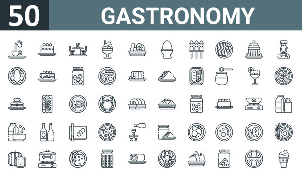 set of 50 outline web gastronomy icons such as latte, cake, dinning table, sundae, vegetables, egg, skewer vector thin icons for report, presentation, diagram, web design, mobile app.