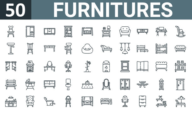set of 50 outline web furnitures icons such as chair, wardrobe, sideboard, bookcase, porch, bedside table, sofa vector thin icons for report, presentation, diagram, web design, mobile app.