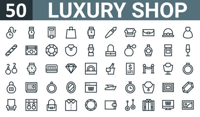 Fototapeta na wymiar set of 50 outline web luxury shop icons such as pocket watch, wristwatch, atm, bag, wristwatch, feather, armchair vector thin icons for report, presentation, diagram, web design, mobile app.