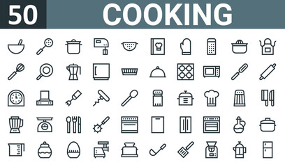 set of 50 outline web cooking icons such as cooking, skimmer, cooking, electric mixer, strainer, recipe book, mitten vector thin icons for report, presentation, diagram, web design, mobile app.