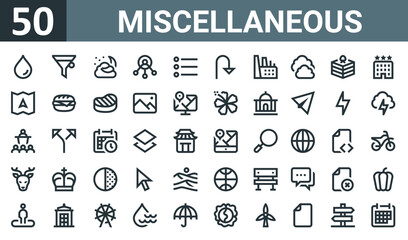 Fototapeta na wymiar set of 50 outline web miscellaneous icons such as drop, filter, cloudy night, user, list, u turn, factory vector thin icons for report, presentation, diagram, web design, mobile app.