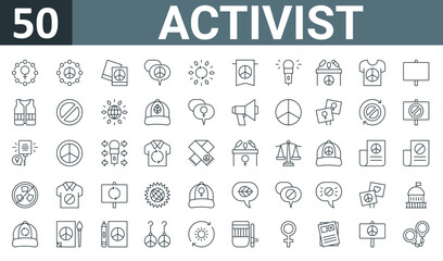 Fototapeta na wymiar set of 50 outline web activist icons such as female, peace, peace, peace, environmental, banner, microphone vector thin icons for report, presentation, diagram, web design, mobile app.