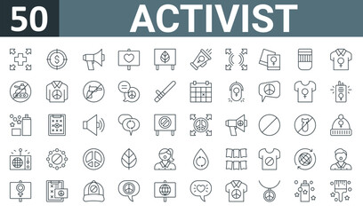 set of 50 outline web activist icons such as healthcare, target, megaphone, love, leaf, megaphone, waves vector thin icons for report, presentation, diagram, web design, mobile app.