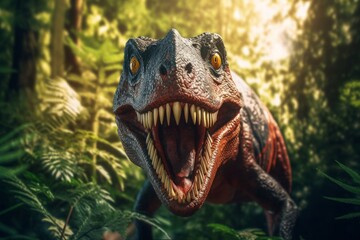 Dinosaur in the green forest. 3d rendering. Generative AI.