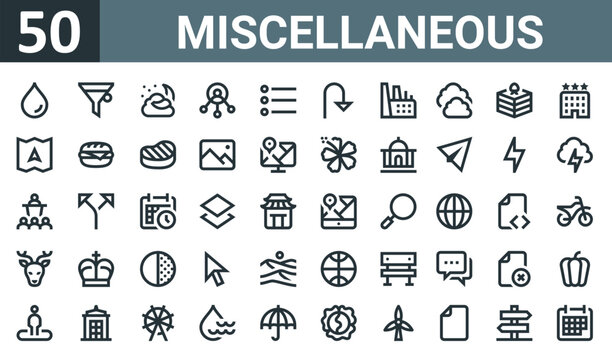 set of 50 outline web miscellaneous icons such as drop, filter, cloudy night, user, list, u turn, factory vector thin icons for report, presentation, diagram, web design, mobile app.