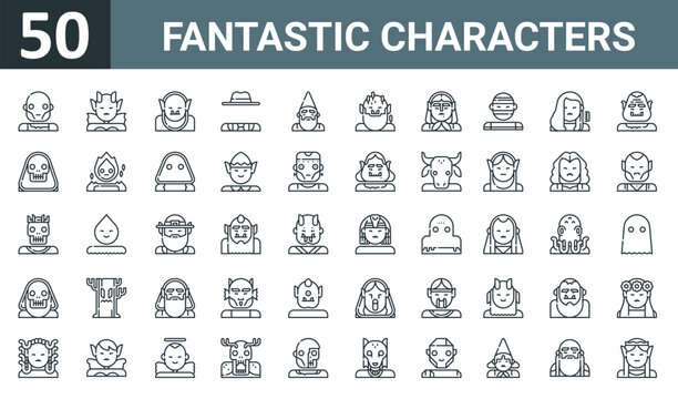set of 50 outline web fantastic characters icons such as zombie, succubus, goblin, invisible man, gnome, troll, witch vector thin icons for report, presentation, diagram, web design, mobile app.