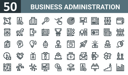 set of 50 outline web business administration icons such as meeting, cv, buildings, magnifying glass, growth, target, board vector thin icons for report, presentation, diagram, web design, mobile