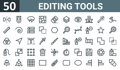 set of 50 outline web editing tools icons such as mirror, magnet, lasso, mesh, eraser, layer, visible vector thin icons for report, presentation, diagram, web design, mobile app.