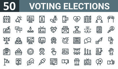 Fototapeta na wymiar set of 50 outline web voting elections icons such as calendar, promote, vote, candidate, donate, vote, voting vector thin icons for report, presentation, diagram, web design, mobile app.