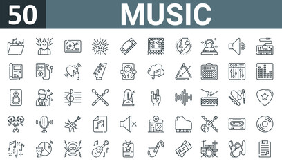 set of 50 outline web music icons such as music folder, punk, turntable, star, harmonica, concert, power vector thin icons for report, presentation, diagram, web design, mobile app.